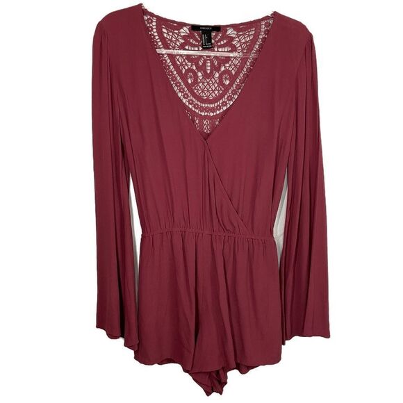 Forever 21 Crimson Crochet Bell Sleeve Romper Small - Picture 1 of 7
